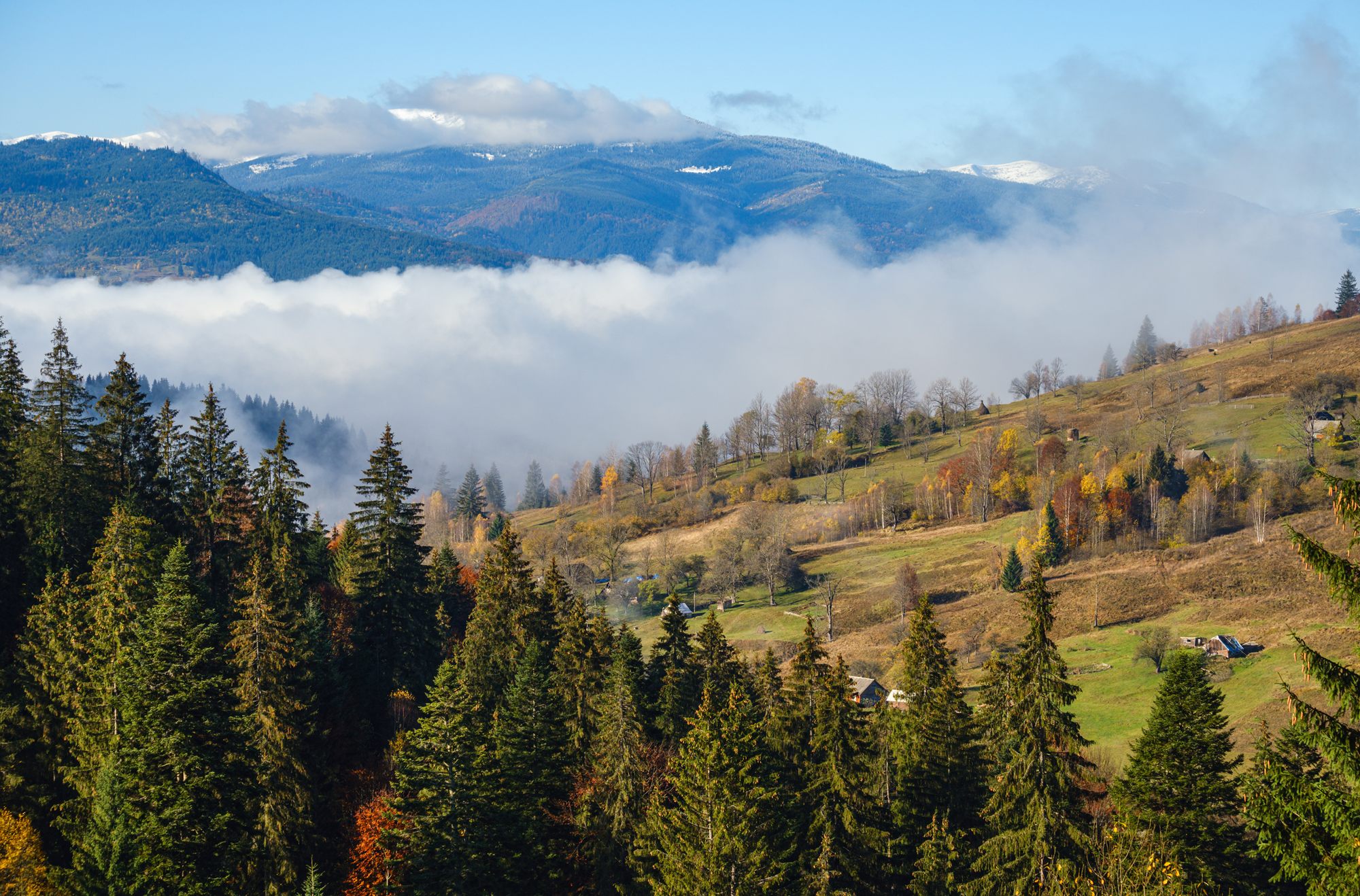 Late autumn mountain morning scene with snow covered tops in far and foggy clouds in valleys. Picturesque traveling, seasonal, nature and countryside beauty concept scene. Carpathians, Ukraine.